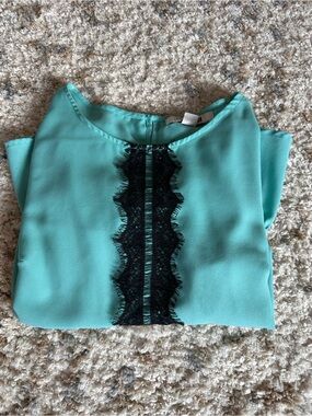 Aqua Blouse with Black Lace Trim